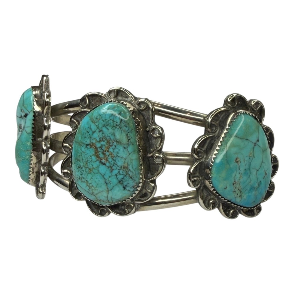 Vintage Cuff Bracelet Nickel Silver OS Turquoise Triple Shank Scalloped Edge